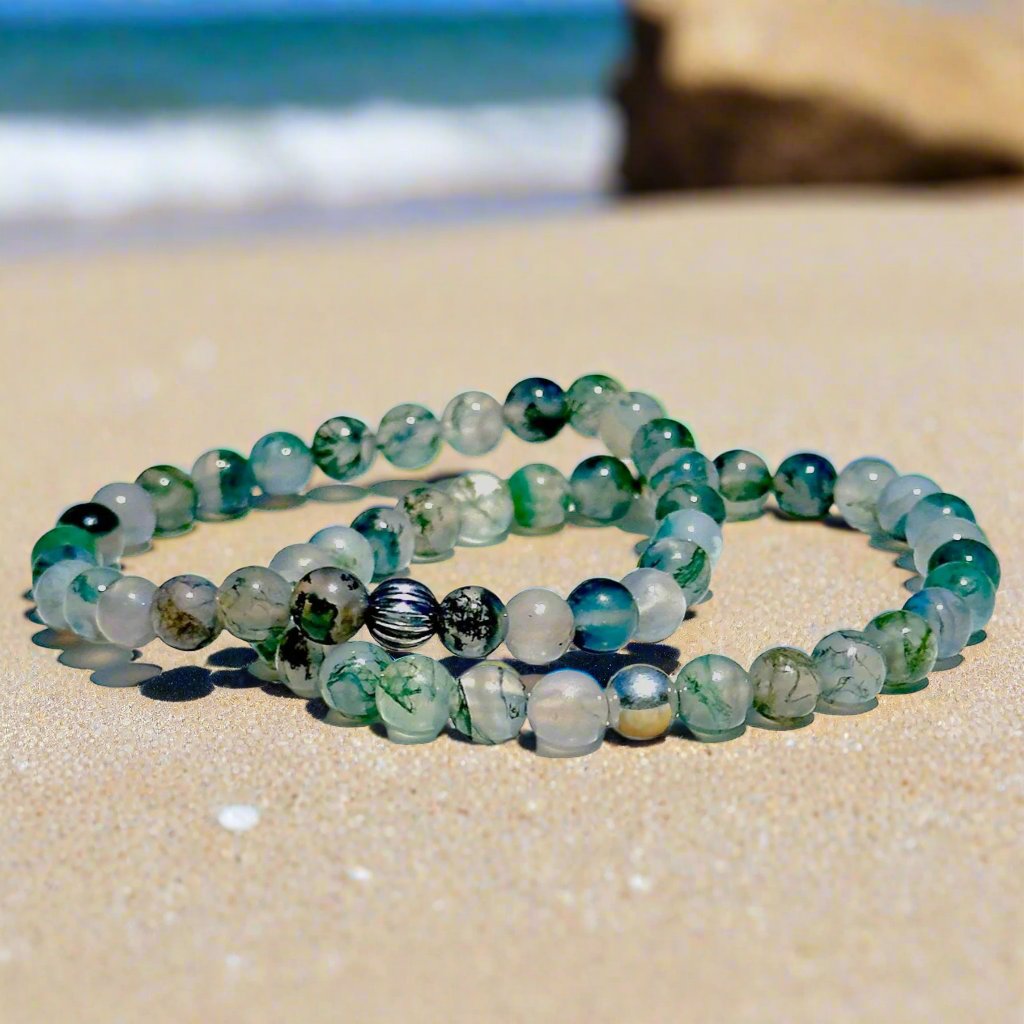 Genuine Moss Agate Gemstone Bead Bracelet