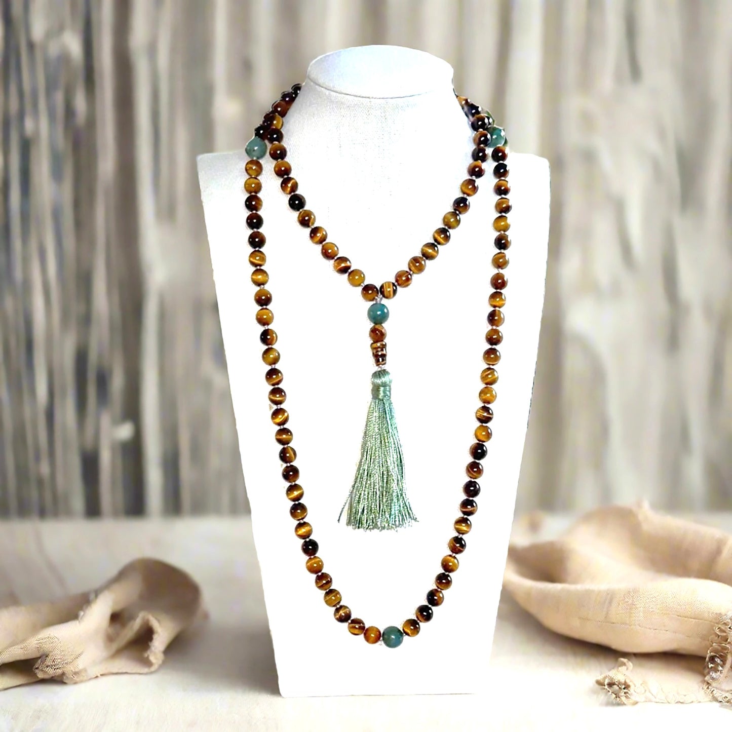 Genuine Tiger Eye and African Green Opal Gemstone Mala