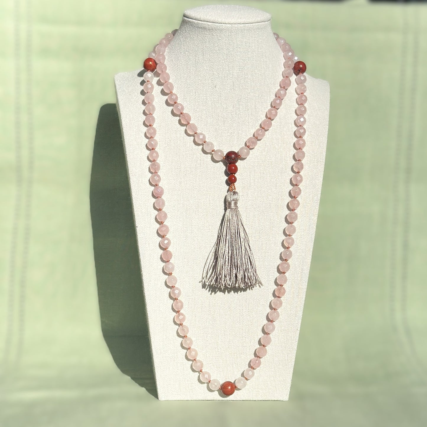 Genuine Rose Quartz and Red Jasper Gemstone Mala