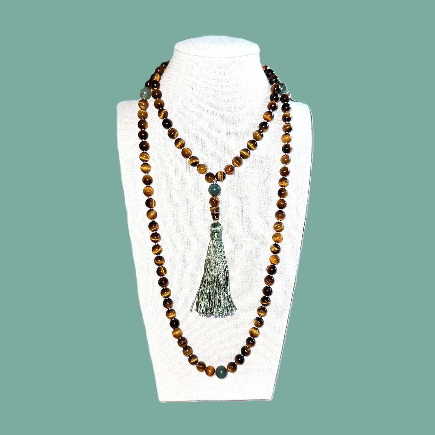 Genuine Tiger Eye and African Green Opal Gemstone Mala