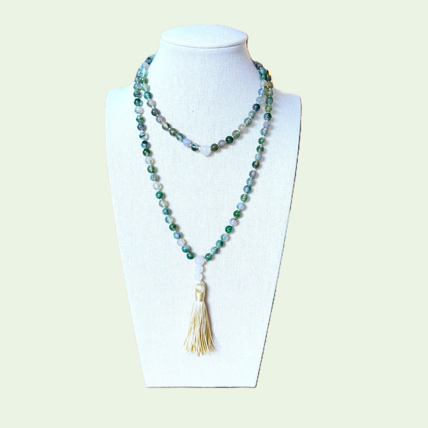 Genuine Moss Agate and Snow Quartz Gemstone Mala