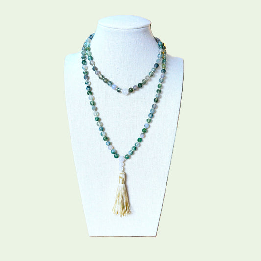 Genuine Moss Agate and Snow Quartz Gemstone Mala
