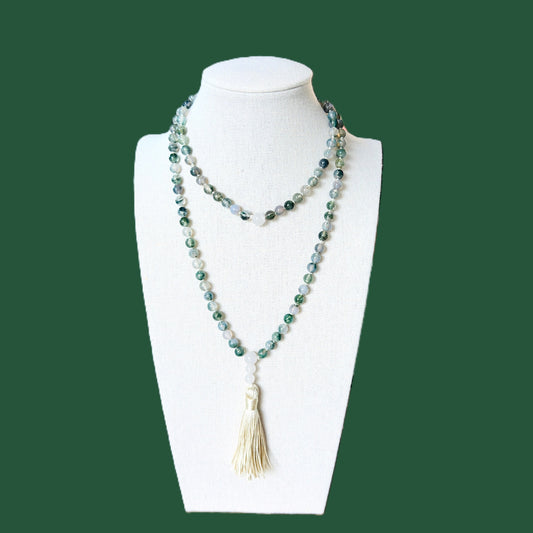 Genuine Moss Agate and Snow Quartz Gemstone Mala