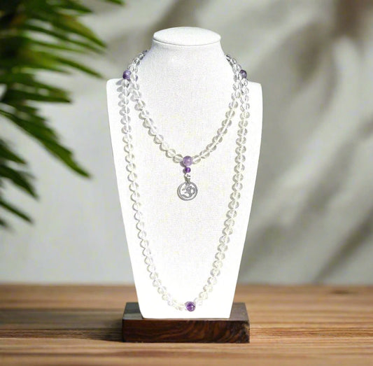 Genuine Crystal Quartz and Amethyst Gemstone Mala