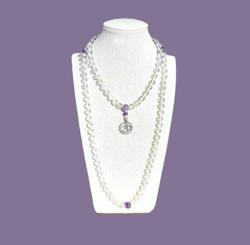 Genuine Crystal Quartz and Amethyst Gemstone Mala