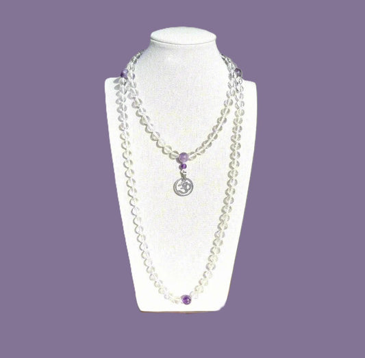 Genuine Crystal Quartz and Amethyst Gemstone Mala