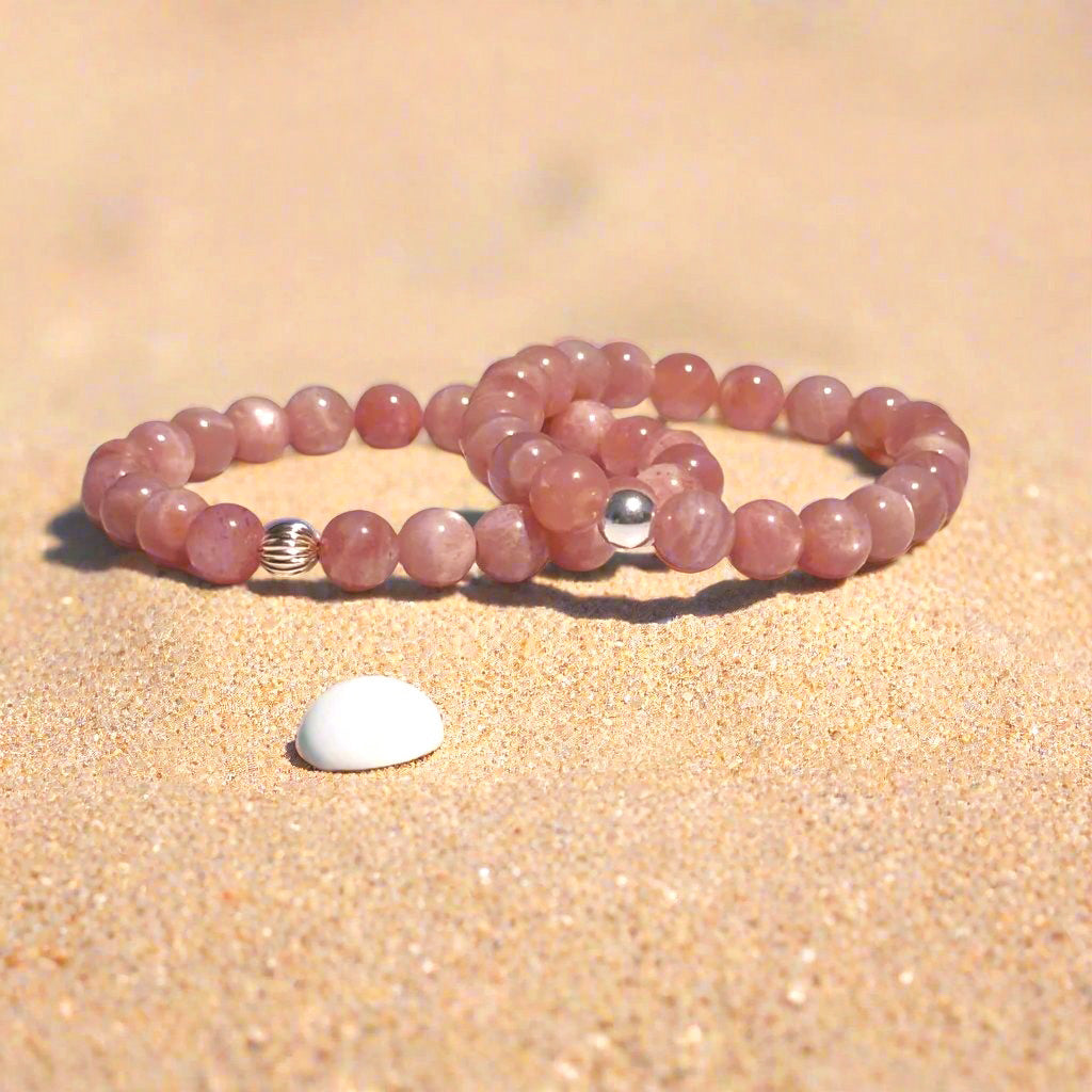 Genuine Pink Flake Moonstone Gemstone Bead Bracelet